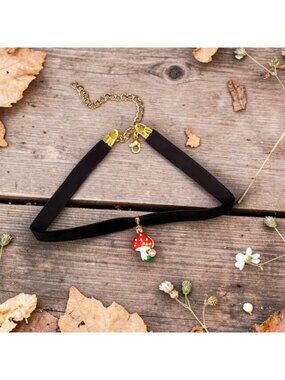 Woodland Red & White Dotted Mushroom Charm Pendant Choker Necklace Black Velvet
